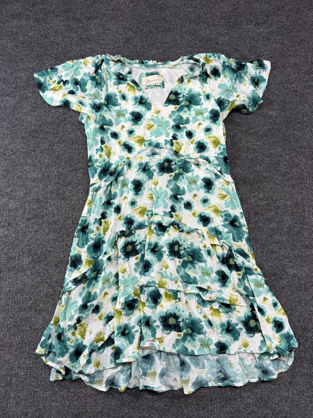 Anthropologie Dress Womens XS Green Floral Ruffle Hi-Low Boho Sundress V Neck
